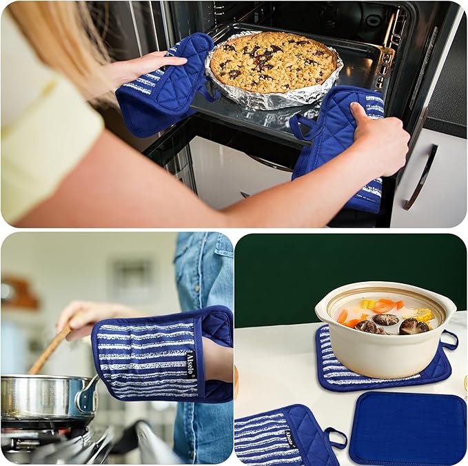 Alselo Silicone Pot Holders Set of 3 Heat Resistant & Non Slip Potholders, Professional Oven Hot Pads with Pockets Mitts for Kitchen Cooking Baking Barbecue (Cobait Blue, 3) - Image 4