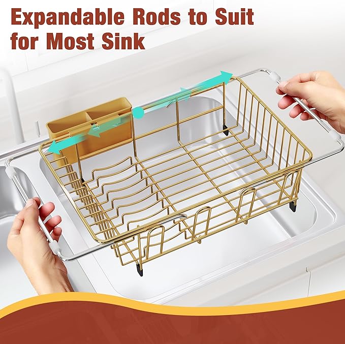 JASIWAY Gold in Sink Dish Drying Rack, Expandable Stainless Steel Small Dish Rack Over Kitchen Sink, Plate Drainer Strainer with Cutlery Holder & Cup Holders, Counter Space Saving Wire Dryer Rack - Image 4