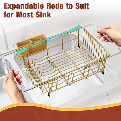 JASIWAY Gold in Sink Dish Drying Rack, Expandable Stainless Steel Small Dish Rack Over Kitchen Sink, Plate Drainer Strainer with Cutlery Holder & Cup Holders, Counter Space Saving Wire Dryer Rack - Image 4