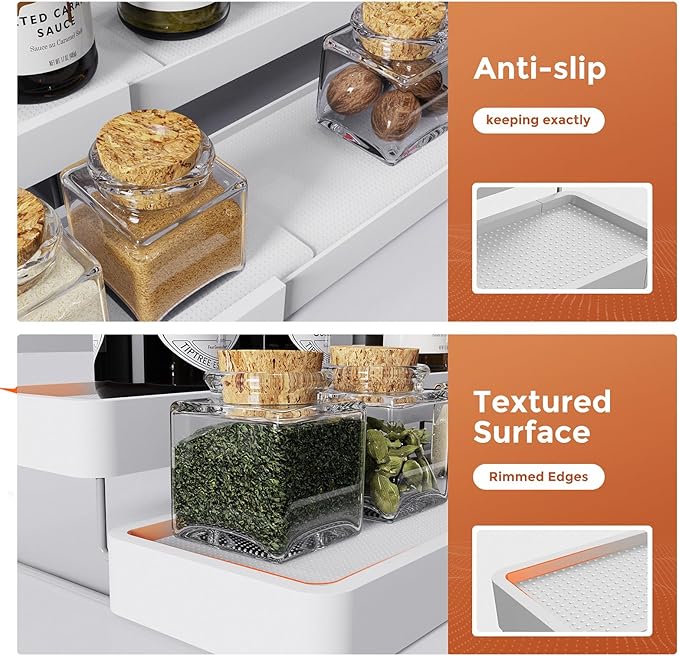 2 Pack Expandable Spice Rack Organizer for Cabinet - 3 Tier Adjustable Cabinet Spice Organizer Easy Visibility - Spice Organizer for Cabinet Countertop Cupboard Pantry Organization (White) - Image 6