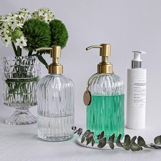JASAI 2PACK 18Oz Fluted Glass Soap Dispenser with Golden Rust Proof Pump, Refillable Kitchen soap Dispenser with Vertical Stripe, Bathroom Soap Dispenser for Dispense Hand soap, Dish Soap, Lotion. - Image 7