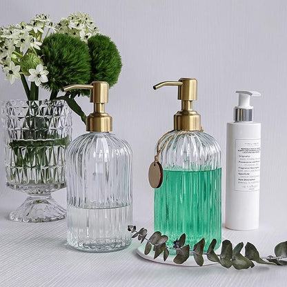 JASAI 2PACK 18Oz Fluted Glass Soap Dispenser with Golden Rust Proof Pump, Refillable Kitchen soap Dispenser with Vertical Stripe, Bathroom Soap Dispenser for Dispense Hand soap, Dish Soap, Lotion. - Image 7