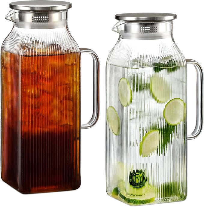 2 Pack 2 Liter/68 oz Square Glass Pitcher with Lid, Classic Stripes Water Pitchers with Handle for Fridge, Large Jug for Iced Tea, Borosilicate Glass Carafe for Hot/Cold Brew Drink, Silver by Unknown