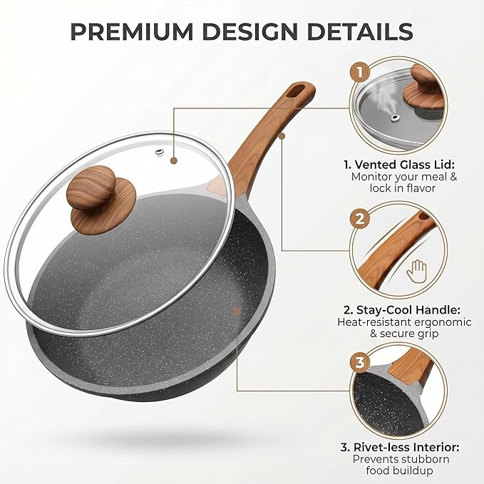 YASHE 11 Inch Nonstick Saute Pan with Glass Lid, 4.5 QT Large Deep Skillet & Frying Pan, Healthy Granite Stone Cookware for Family, One Pan Replaces Five, Induction Compatible, PFOA Free