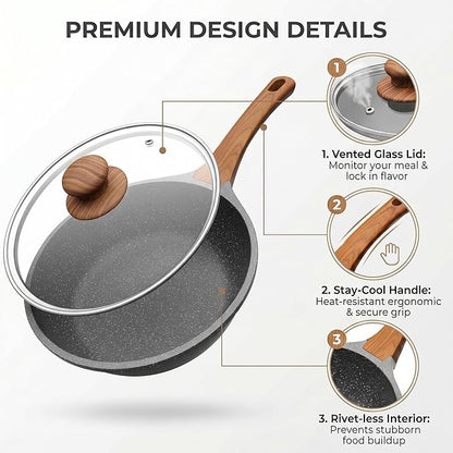 YASHE 10 Inch Nonstick Saute Pan with Glass Lid, 3.5 QT Deep Skillet & Frying Pan, Healthy Granite Stone Cookware for Family, One Pan Replaces Five, Induction Compatible, PFOA Free