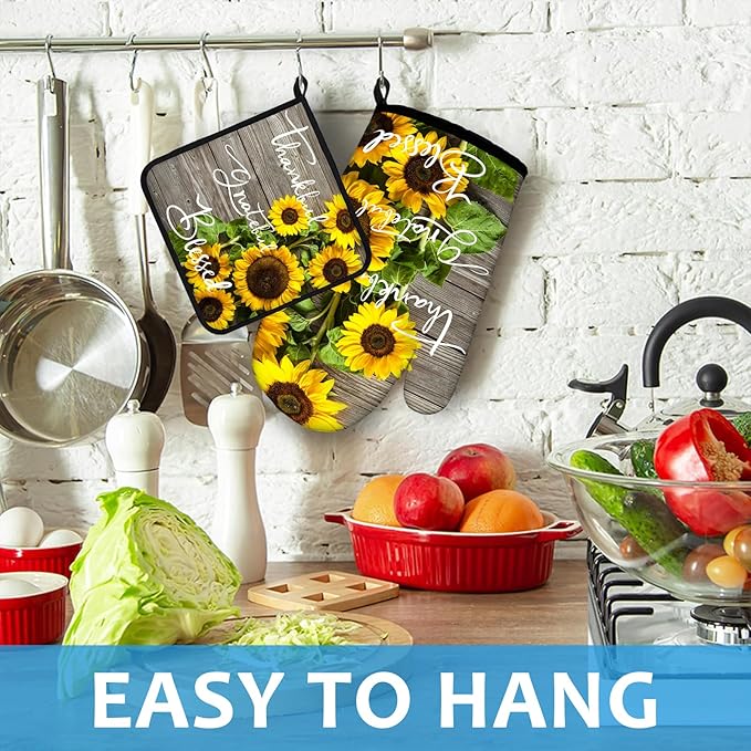 Sunflower Wood Grain Oven Mitts and Pot Holders Sets Heat Resistant 4Pcs Potholders Oven Gloves Hot Pads for Kitchen Baking Cooking Grilling BBQ
