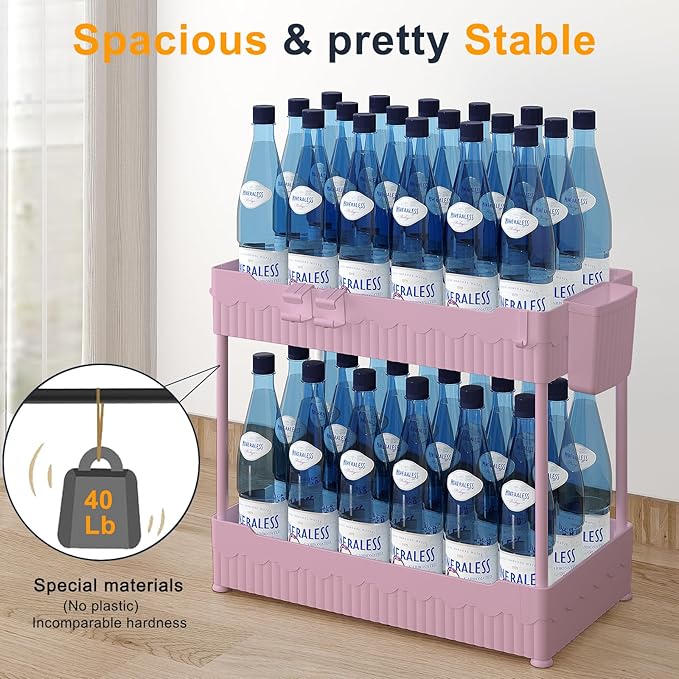 Sevenblue 2 Pack Under Sink Organizer, Under Bathroom Cabinet Organizer with Hooks Hanging Cup, Multi-Purpose Storage Shelf for Kitchen Bathroom (Pink, 12.8 Inch) - Image 3