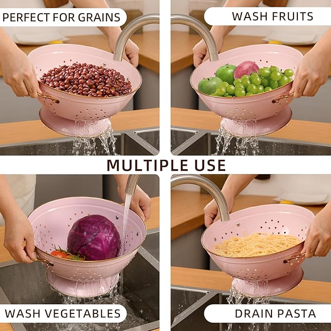 Metal Colander Set of 2, Strainer Basket with Handles 3.5 & 5 Qt Powder Coated Self-draining Solid Ring Base Metal Large Kitchen Colander Bowel for Pasta Vegetable Fruit (PINK) - Image 6