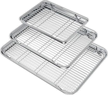 Wildone Baking Sheet with Rack Set (3 Pans + 3 Racks), Stainless Steel Baking Pan Cookie Sheet with Cooling Rack, Non Toxic & Heavy Duty & Easy Clean by Wildone