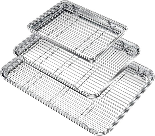Wildone Baking Sheet with Rack Set (3 Pans + 3 Racks), Stainless Steel Baking Pan Cookie Sheet with Cooling Rack, Non Toxic & Heavy Duty & Easy Clean by Wildone