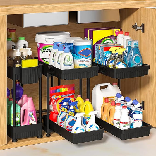 Sevenblue 3 Pack Under Sink Organizer, 2 Tier Slide Out Bathroom Cabinet Organizer, Multi-Purpose Storage Shelf for Kitchen, Black, 14.8Inch
