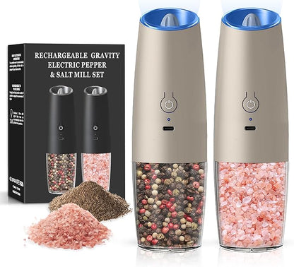 Rechargeable Salt And Pepper Grinder Set with LED Light, Automatic Electric Gravity Salt And Pepper Shakers Set, No Battery Needed, Adjustable Roughness, 2 Pack (Khaki) by Unknown