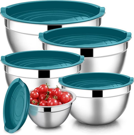 E-far Mixing Bowls with Teal Blue Lids Set of 5, Stainless Steel Mixing Bowls Metal Nesting Bowls with Airtight Covers for Cooking, Baking, Serving, Storage - Size 0.7/1/1.5/3/4.6QT - Dishwasher Safe by E-far