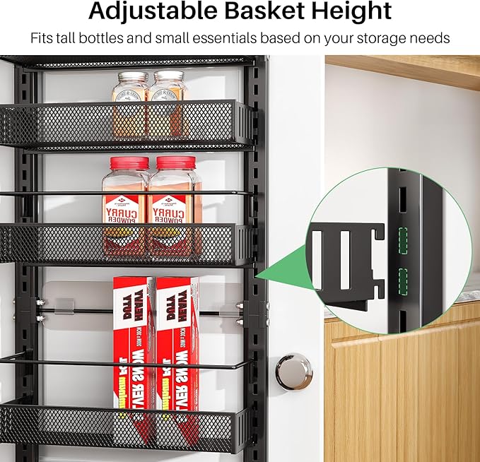 8 Tiers Over the Door Organizer - Height Adjustable Pantry Organizers and Storage with Dense Mesh Baskets, Anti-Swing Hanging Door Spice Rack for Kitchen Bathroom (Black, 12.3"W x 4.7"D x 69"H) - Image 7