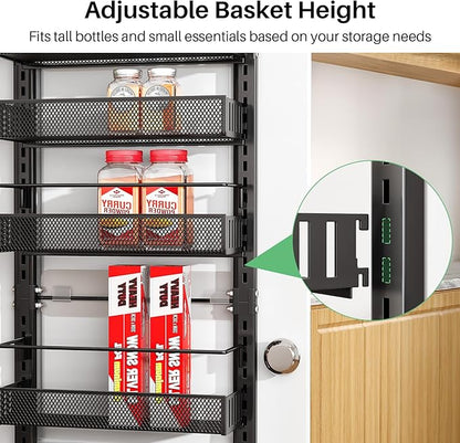 8 Tiers Over the Door Organizer - Height Adjustable Pantry Organizers and Storage with Dense Mesh Baskets, Anti-Swing Hanging Door Spice Rack for Kitchen Bathroom (Black, 12.3"W x 4.7"D x 69"H) - Image 7