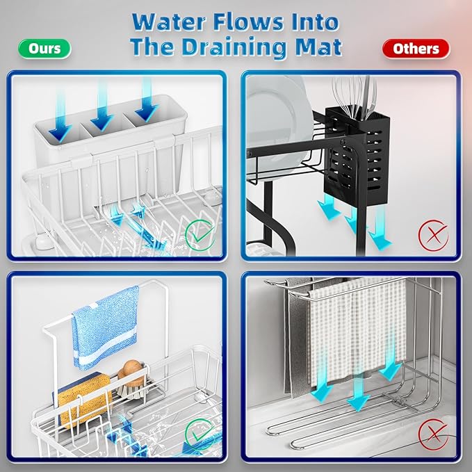 Dish Drying Rack, Stainless Steel-Dish Rack, Dish Racks for Kitchen Counter, Kitchen Dish Drainers with Removable Utensil Holder,New drain outlet,Plate Rack and Drainboard,(white 2 with Sponge Rack) - Image 3