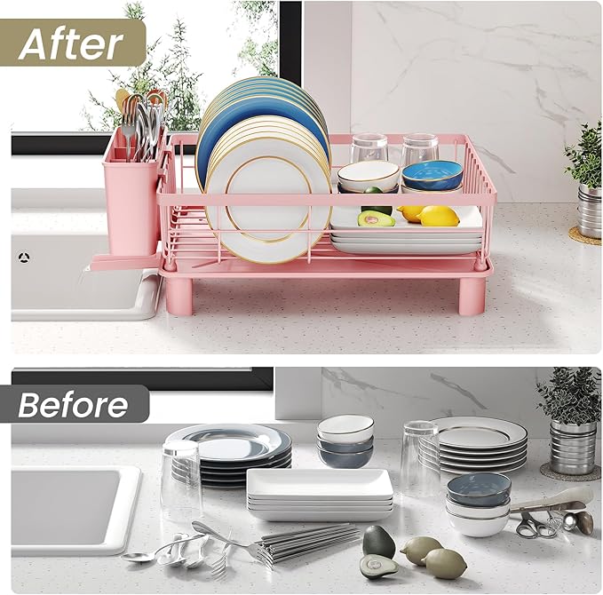 SNTD Dish Drying Rack - Small Dish Rack for Kitchen Counter, Stainless Steel Dish Drainer with Utensil Holder and Drainboard, 11" W x 15" L (Pink) - Image 8