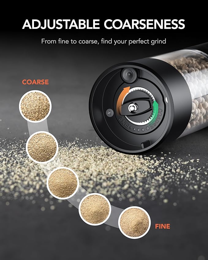 FORLIM Electric Salt and Pepper Grinder Set, USB Rechargeable, Automatic Salt Pepper Mill Grinder with Dust Cover, One-Button Control, Adjustable Coarseness, White LED Light (2 Packs, Black) - Image 3
