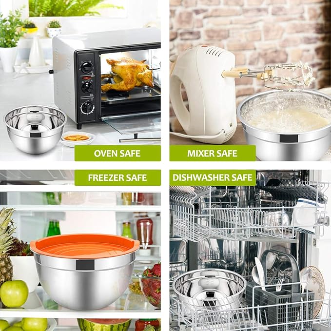 E-far Mixing Bowls with Lids Set of 5, Stainless Steel Mixing Bowls Metal Nesting Bowls with Airtight Lids, Non-toxic & Dishwasher Safe, Great for Cooking, Baking, Serving - Size 0.7/1/1.5/3/4.6QT - Image 6