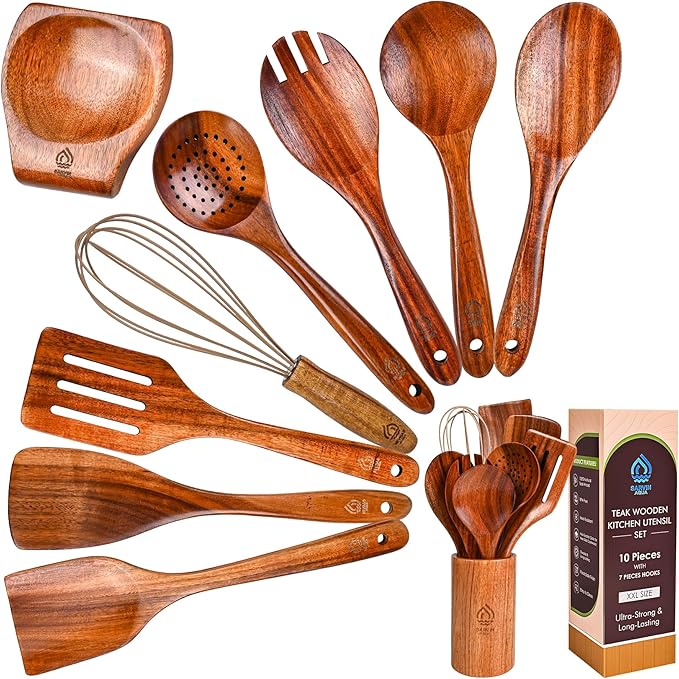 Teak Wooden Utensil Set 10 Piece, Kitchen Cooking Utensils with Holder and Hanging Hooks, Wooden Spoons and Spatulas for Cooking, Sturdy and Lightweight, Heat-Resistant Non-Stick Cookware