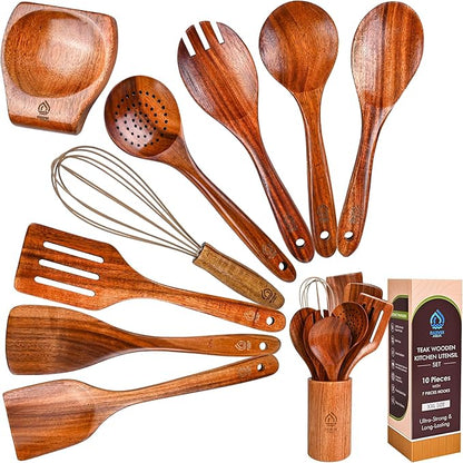 Teak Wooden Utensil Set 10 Piece, Kitchen Cooking Utensils with Holder and Hanging Hooks, Wooden Spoons and Spatulas for Cooking, Sturdy and Lightweight, Heat-Resistant Non-Stick Cookware