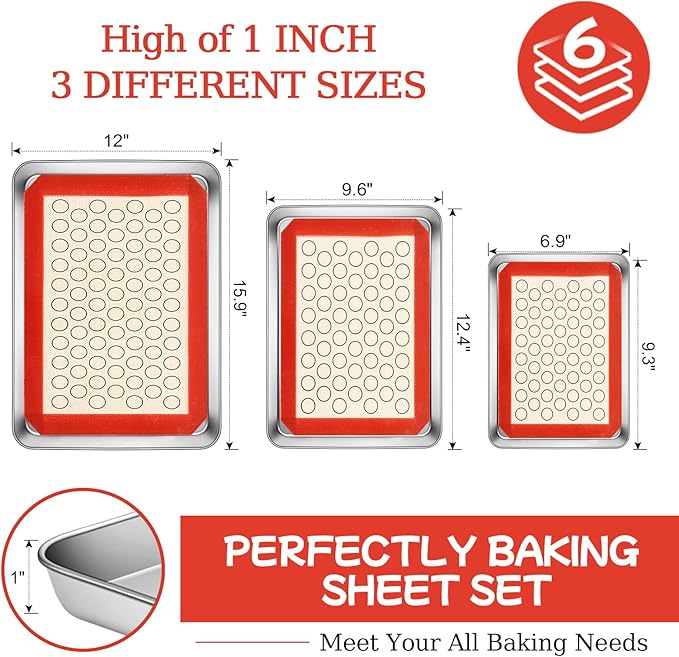 Baking Sheet with Silicone Baking Mat Set,CEKEE Stainless Steel Baking Sheet Pan Tray, Cookie Sheets for Baking, 6PCS Baking Supplies Bakeware Sets for Oven Making Cookies, Macaroons, Bread - Image 2