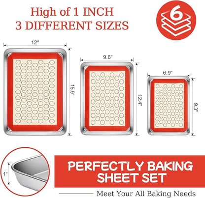 Baking Sheet with Silicone Baking Mat Set,CEKEE Stainless Steel Baking Sheet Pan Tray, Cookie Sheets for Baking, 6PCS Baking Supplies Bakeware Sets for Oven Making Cookies, Macaroons, Bread - Image 2