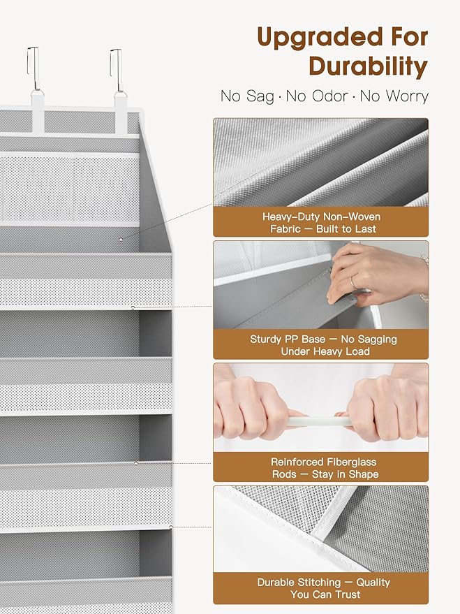 Criusia Over The Door Organizer, Heavy-Duty 6-Shelf Hanging Storage with 13 Mesh Pockets, 55lbs Capacity Behind The Door Storage for Nursery, Bathroom, Bedroom, and Dorm, Grey - Image 2