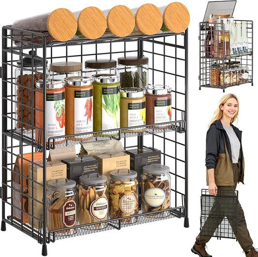 DTUQYX Spice Rack Organizer for Countertop, 3-Tier Large Capacity Foldable Metal Counter Seasoning Storage, Easy to assemble, Shelf with Guardrail and Mesh Design for Bathroom, Kitchen, Cabinet, RVs