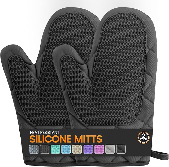 Silicone Oven Mitts, Heat Resistant 2PCS Oven Mitts with Soft Cotton Lining, Waterproof Non-Slip Grip Oven Glove, Kitchen Potholder Mits for BBQ, Baking, Cooking, 10.5Inch - Dark Black by Unknown