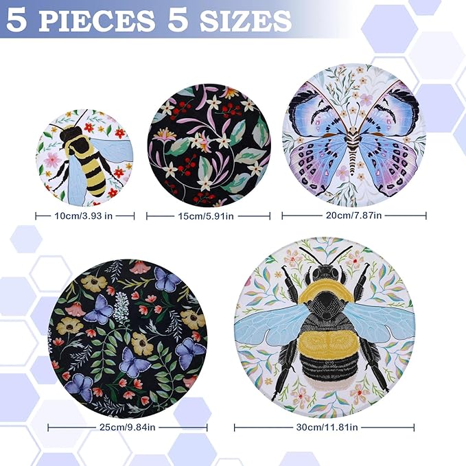 5-Size Reusable Beeswax Bowl Covers for Bread Proofing, Cotton Cloth Flexible Beeswax Wraps for Food Storage(Honeybee) - Image 2