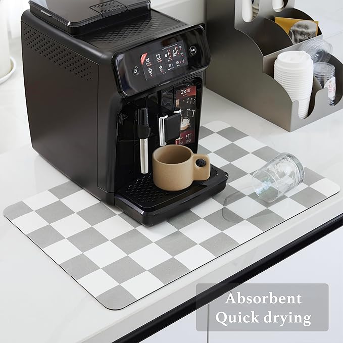 Ohocut Checkered Dish Drying Mat for Kitchen Counter, Coffee Bar Station Accessories, Retro Cute Aesthetic Modern Absorbent Drainer Mat Kitchen Drying Mat Easy Clean, Grey 12" x 19" - Image 4