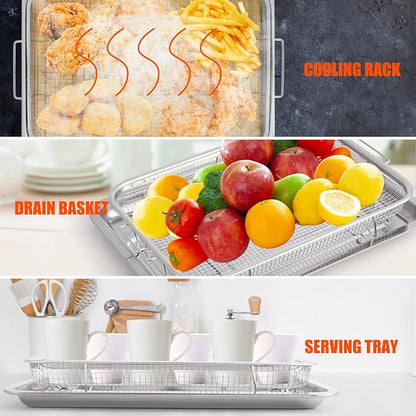 Air Fryer Basket for Oven 18.7"x12.8", 2 Pack Extra Large Air Fryer Basket and Tray Stainless Steel Oven Air Fryer Pan Rack for Cooking Baking and Broiling