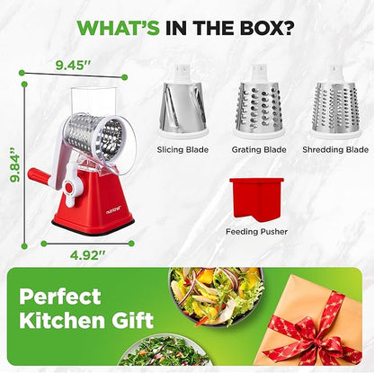 Nutrichef 3 in 1 Cheese Grater & Shredder | Strong Suction Base, Rotary Handle with Safety Lock | Includes Hand Crank & 3 Drum Blades for 3 Textures, Fine, Medium & Strips | Red - Image 8