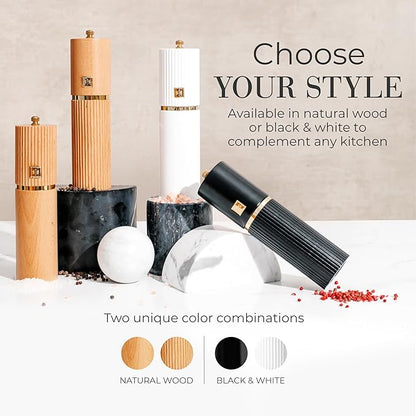 Wooden Salt and Pepper Grinder Set – Refillable Manual Salt and Pepper Mills with Adjustable Ceramic Burrs, Gold Detailing, and Wood Stand – Black and White - Image 7