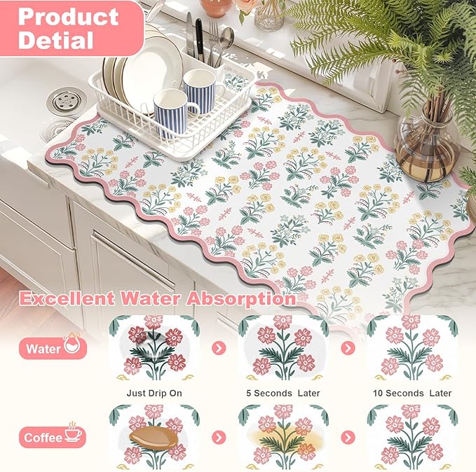 LOKHOM Scalloped Floral Dish Drying Mat, 17"x32" Super Absorbent Coffee Mat with Unique Pink Pastoral Floral, Cuttable Hide Stain Non-slip Drying Mat for Kitchen Counter Coffee Maker Espresso Machine - Image 3