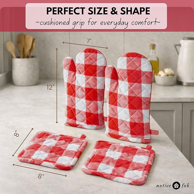 Native Fab Buffalo Plaid Check Oven Mitts and Pot Holders Set of 4, 100% Cotton Heat Resistant Kitchen Gloves, 2 Oven Mitts (7x13), 2 Pot Holders (8x8) for Cooking & Baking, Red White - Image 8