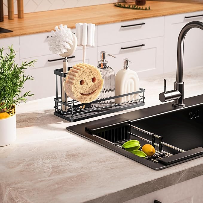 Galasily Sink Caddy Organizer with Water Absorbing Stone Tray, Instant Dry Sponge Holder Smiley Face, Dish Brush Holder for Countertop, Kitchen Storage Accessories and Organization Essentials (Black) - Image 6