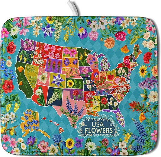 Flower Map Dish Drying Mat American Floral Decoration Coffee Mat for Kitchen Counter by Giwawa