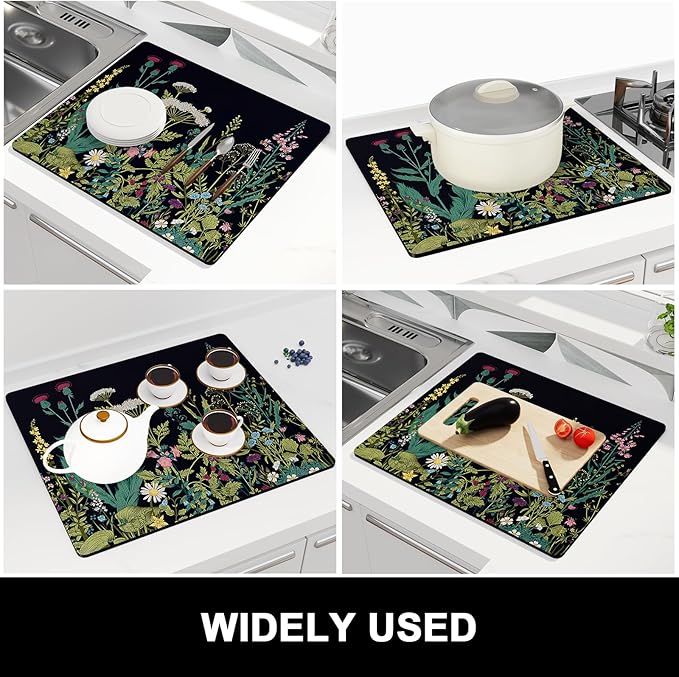 Rnivvi Dish Drying Mat for Kitchen Counter, 16 x 18" Cute Flower Theme Absorbent Heat Resistant Drying Pad with Non-slip Rubber, Coffee Bar Mats for Dish Rack Kitchen Decor Accessories, Black - Image 7