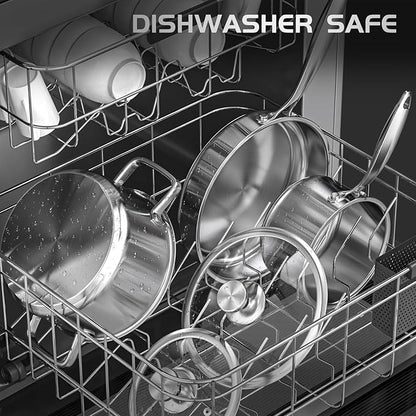 Meythway Pots and Pans Set Non Toxic, 16PCs Stainless Steel Cookware Set with Steamer, Kitchen Induction Cookware with Utensil Sets, Pot Protectors and Apron For Oven & Dishwasher Safe