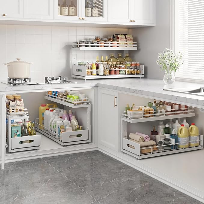 Under Sink Organizer Upgrade To Professional Rails,2-Tier Dual Pull Out Cabinet Storage,Height Adjustable Slide Out Drawers For Bathroom Kitchen,1 Pack-21"Dx12.8"-16.9"H,White - Image 7