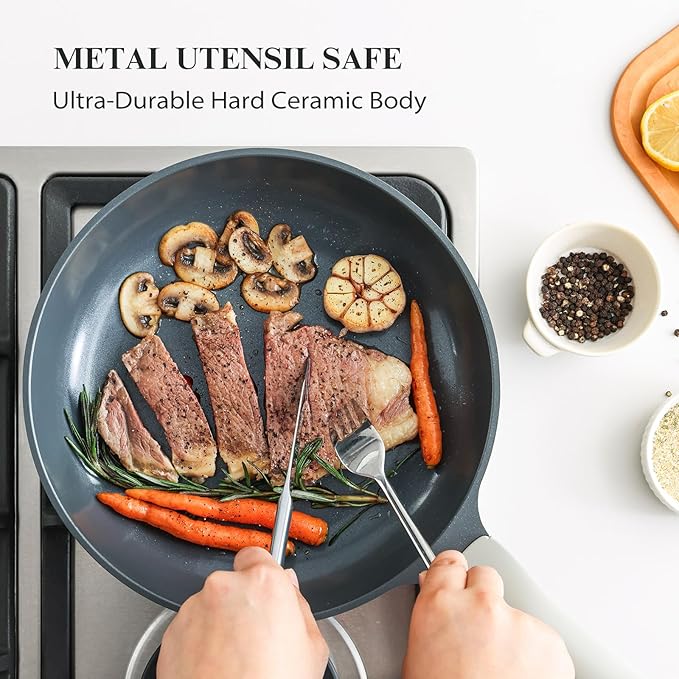 PRICUSIS Nonstick Ceramic Frying Pan with Lid, Non Toxic Skillet, Healthy Egg & Omelet & Chef's Skillet, PTFE PFOA & PFAS Free, Induction Compatible. (10Inch W/L) - Image 3