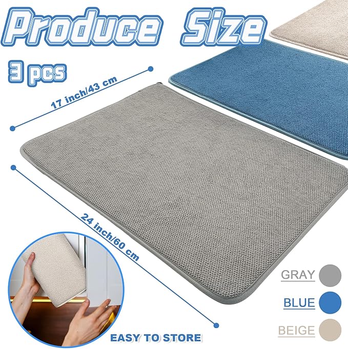 3 Pack XXL Dish Drying Mats,24×17" Absorbent Microfiber Dishes Drainer Mats,Large Size Pads for Kitchen Counter,Coffee,Rack,Under Sink(Beige,Blue,Gray) - Image 4