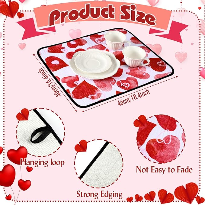 Breling Valentine's Day Dish Drying Mat Valentine Kitchen Dry Mat Absorbent Hearts Table Dishes Pad Red Pink Protect Tableware Kitchen Accessories for Home Decor, 16 x 18.4 Inches