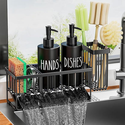 MASADI Kitchen Dish Soap Dispenser Set with Sponge Holder, 12OZ Glass Bottle, Hand and Dish Soap Dispenser Set, Non-Slip Silicone Pad, Brush Holder, Kitchen Sink Organizer Countertop (Black) by masadi