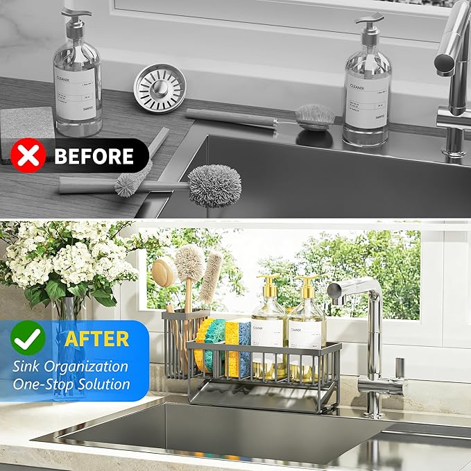 Cisily Sink Caddy Organzier with High Brush Holder, Sponge Holder for Sink, 304 Rustproof Stainless, Kitchen Countertop Soap Dispenser Organizer, Dark Gray Kitchen Decor and Accessories - Image 6