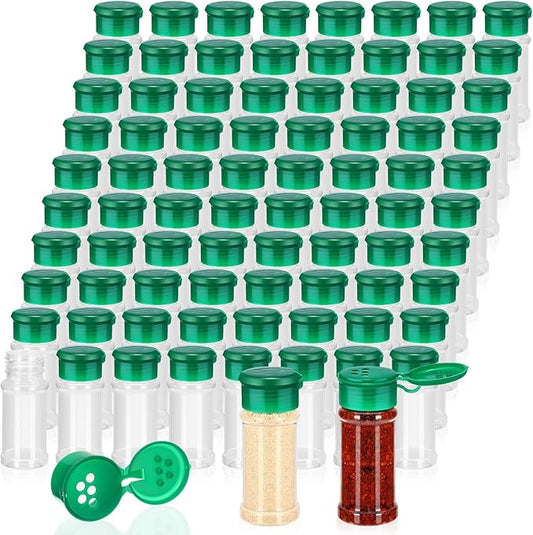 Amyhill 100 Pcs Plastic Spice Bottles Spice Jars with Green Cap Seasoning Jars Shaker 2 Oz/ 60ml Clear Bottle Containers with Shaker Lids for Storing Herbs and Seasoning Powders