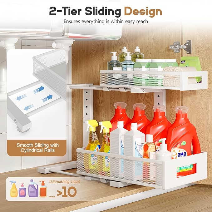 1 Pack-11.4"-16.14"H Under Sink Storage Organizer, Large 2-Tier Elegant Mesh Pull Out Shelf for Kitchen and Bathroom Cabinet Organization, L-Shaped and Adjustable Height Design for Maximum Space-White - Image 4