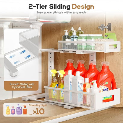 1 Pack-11.4"-16.14"H Under Sink Storage Organizer, Large 2-Tier Elegant Mesh Pull Out Shelf for Kitchen and Bathroom Cabinet Organization, L-Shaped and Adjustable Height Design for Maximum Space-White - Image 4